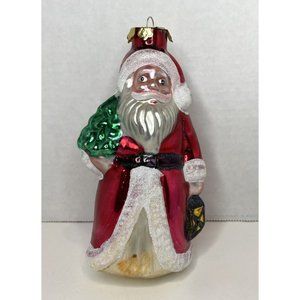 Glass Blown Christmas Ornament Santa Claus Holding Lantern and Tree